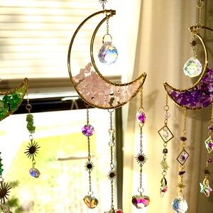 Charming Moon Suncatcher with Pink Rose Quartz Stone Accents